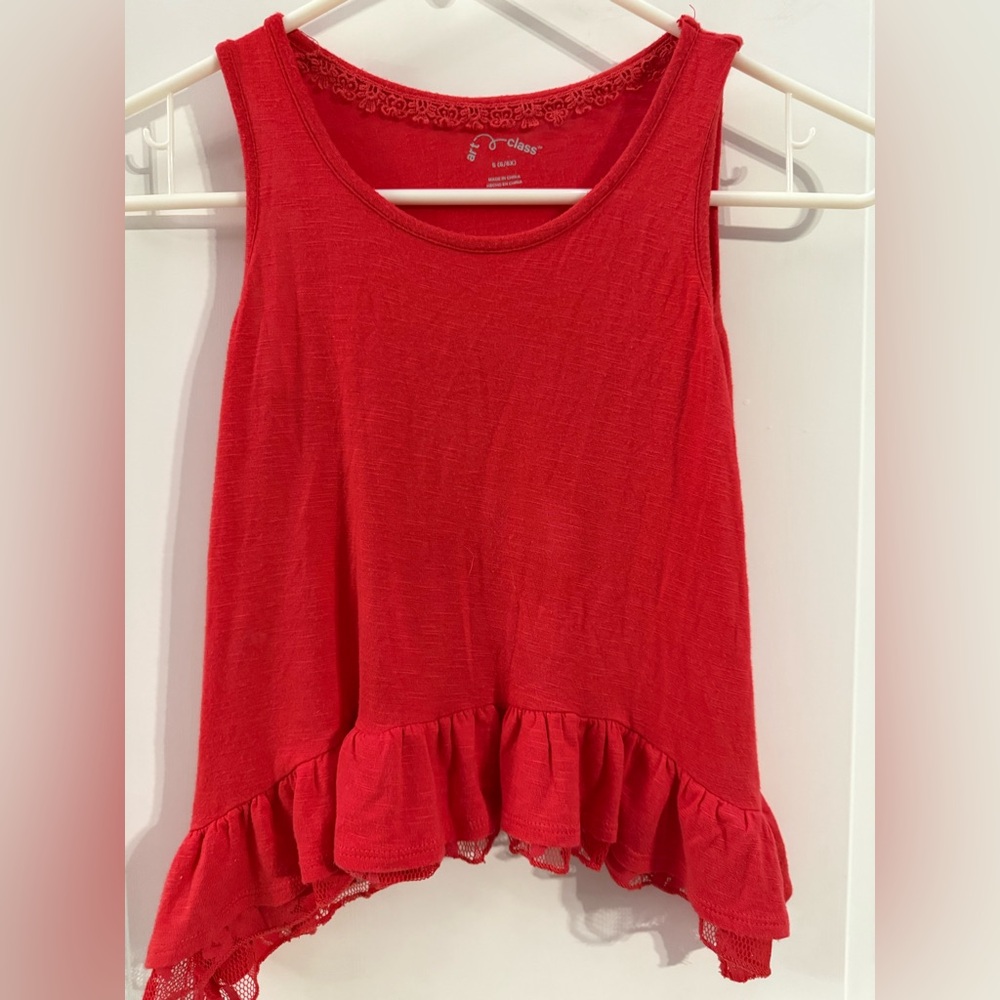 Girls Red  Ruffle Hem tank Top
